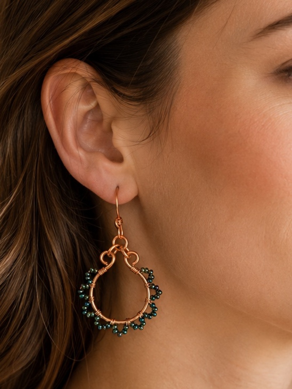 Copper Hoop Earrings with Iridescent Green Bead Accents